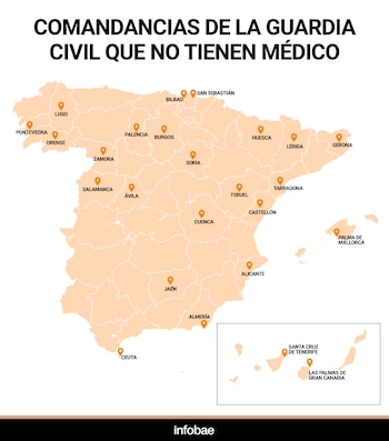 Mapa de las comandancias de la Guardia Civil sin médico