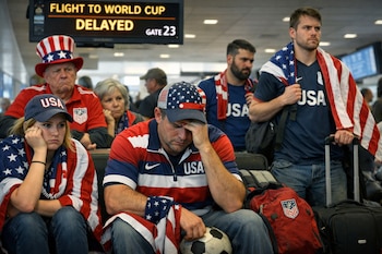 Ciudadanos estadounidenses con camisetas y banderas de EEUU, visiblemente enojados y tristes, esperan en un aeropuerto. Un letrero muestra 'FLIGHT TO WORLD CUP DELAYED'.