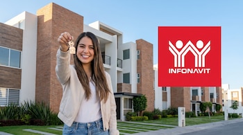 Mujer joven sonriente sostiene unas llaves con un llavero de casa frente a edificios de apartamentos modernos. El logo rojo de Infonavit se ve a la derecha.