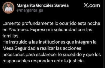 Pantalla de red social X.com con una publicación de Margarita González Saravia, su foto de perfil y un mensaje de texto