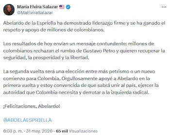 María Elvira Salazar destacó liderazgo de Abelardo de la Espriella - crédito @MaElviraSalazar/X