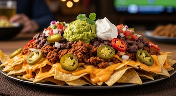 Plato de totopos con salsa de queso, carne picada, frijoles negros, rodajas de jalapeño, guacamole, crema agria, salsa de tomate y cebolla.
