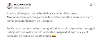 Miguel Polo Polo cuestionó que, a su juicio, las promesas de inclusión del Ejecutivo no se reflejan en acciones concretas para las comunidades negras - crédito @MiguelPoloP/X