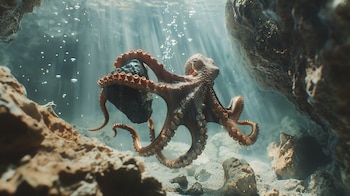 Pulpo realista bajo el mar con un tentáculo extendido sosteniendo una piedra o caracola - (Imagen Ilustrativa Infobae)