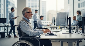 Un hombre mayor con barba y gafas, sentado en una silla de ruedas, escribe en un teclado frente a un monitor de ordenador en una oficina moderna. Colegas trabajan de fondo.