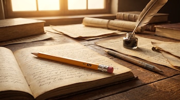 Un lápiz amarillo con goma de borrar rosada, un lápiz de grafito antiguo, un libro abierto, papeles, un tintero con pluma de ave en un escritorio de madera.