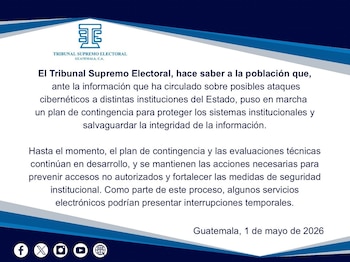 Captura de pantalla del comunicado oficial del Tribunal Supremo Electoral de Guatemala en español, anunciando plan de contingencia por ciberataques