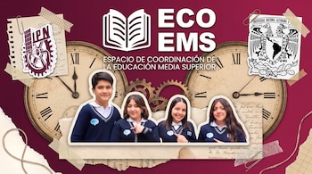 Cuatro estudiantes en uniforme escolar, logos de ECO EMS, UNAM e IPN, dos relojes de manecillas y detalles de papel con una composición estilo collage.