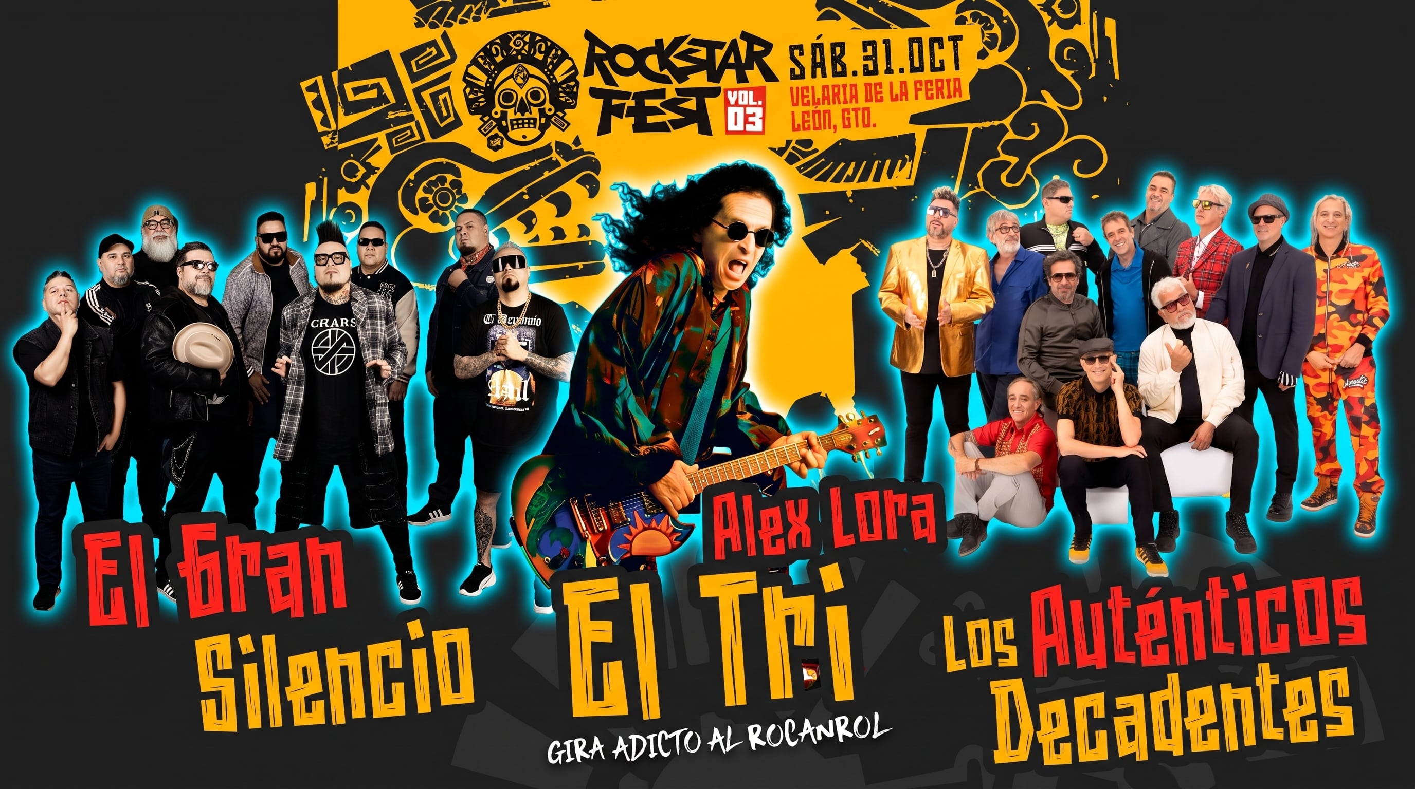 Un cartel promociona el Rockstar Fest Vol. 03 en Velaria de la Feria de León, Guanajuato, con la participación de los grupos musicales El Gran Silencio, El Tri y Los Auténticos Decadentes. (Composición: Rockstar Fest Vol.3)