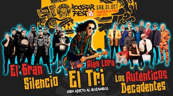 Cartel de concierto con músicos de El Gran Silencio, Alex Lora de El Tri tocando guitarra y miembros de Los Auténticos Decadentes. Presenta nombres de bandas, evento, fecha y ubicación.