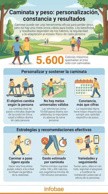 Infografía sobre caminata y peso. Muestra personas caminando al aire libre y en cintas. Incluye texto, números, iconos de calendario, cronómetro y reloj inteligente.