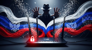 Router Wi-Fi negro con candado rojo y código binario; en el fondo, cintas de la bandera rusa con el águila bicéfala y la silueta oscura de un espía.