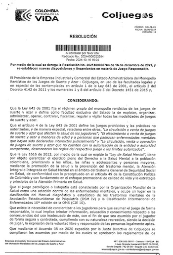 La Resolución 20231000019054 regula las actividades de publicidad, patrocinio, promoción o cualquier otra forma de comunicación comercial de los juegos de suerte y azar de la modalidad novedoso Juegos Operados por Internet - crédito Coljuegos