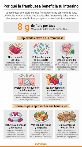 Infografía de Infobae sobre la frambuesa y el intestino; muestra texto, gráficos de fibra, polifenoles, intestino, vitaminas y consejos de consumo.