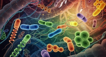 Ilustración artística vibrante de bacterias en diversas formas y colores como espiroquetas, cocos y bacilos, sobre un fondo abstracto que sugiere un entorno biológico.