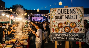 Una imagen nocturna vibrante del Queens Night Market, mostrando puestos de comida con brochetas, una multitud de personas y un letrero del mercado en primer plano.