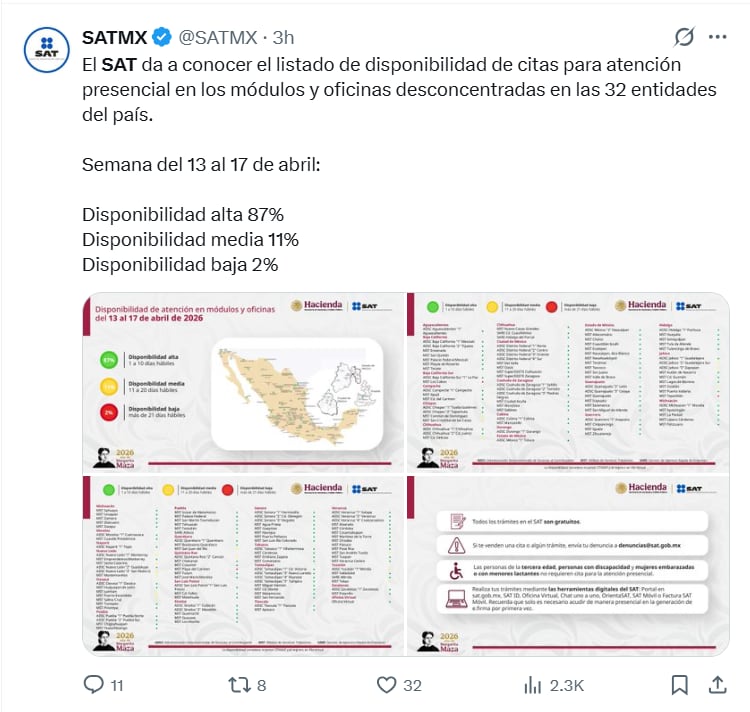 El Servicio de Administración Tributaria (SAT) de México comparte un listado detallado de la disponibilidad de citas para trámites presenciales en sus módulos y oficinas de atención en las 32 entidades federativas del país, para la semana del 13 al 17 de abril. (Servicio de Administración Tributaria (SAT))