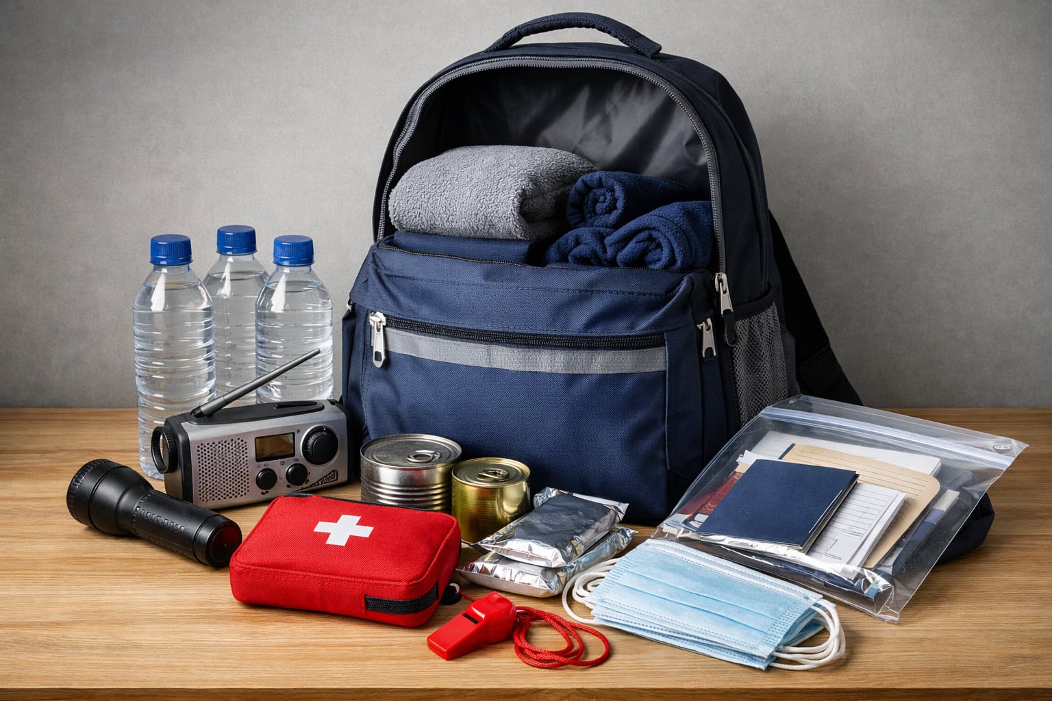 Un kit de emergencia familiar muestra una mochila abierta con elementos esenciales para la preparación ante eventualidades. (Imagen Ilustrativa Infobae)