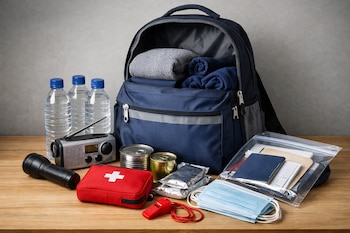Mochila de emergencia abierta, botellas de agua, linterna, radio portátil, botiquín, alimentos enlatados, paquetes de comida, silbato, mascarillas, documentos.