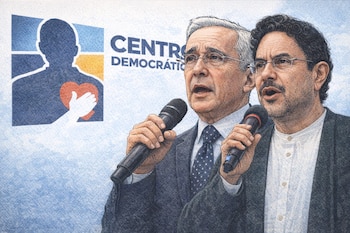 Dibujo de Álvaro Uribe e Iván Cepeda, ambos con micrófonos, sobre un fondo con el logo azul y amarillo del Centro Democrático.