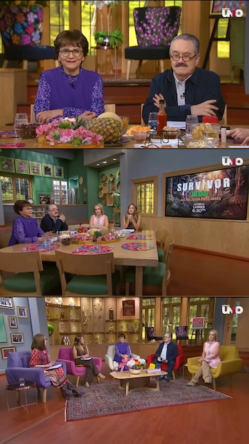 Tres escenas de un estudio de televisión con varios presentadores, mesas, sillones y una pantalla que muestra el logo "Survivor México"