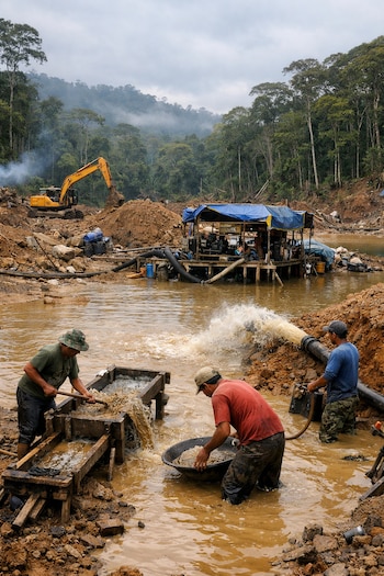 Tres hombres trabajan en aguas marrones, con una draga y una excavadora amarilla en un sitio de minería a cielo abierto rodeado de selva y cielo nublado.