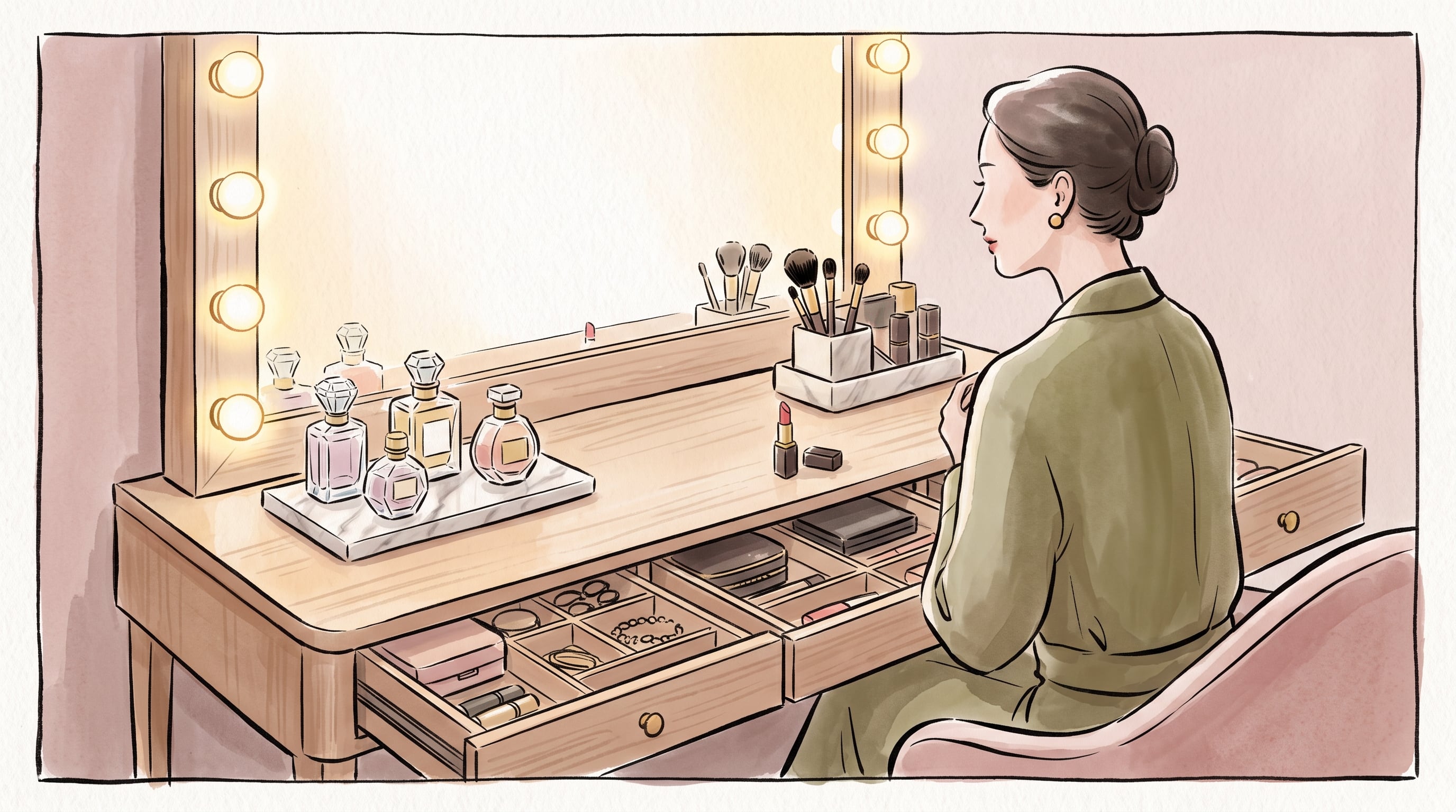 Organizar un tocador para maquillaje permite reunir brochas, cosméticos, fragancias y accesorios sin trasladar el desorden a otras superficies del dormitorio (Imagen Ilustrativa Infobae)