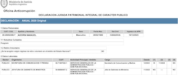 DDJJ 2025 Anual que Adorni presentó ante la OA el 10 de junio último