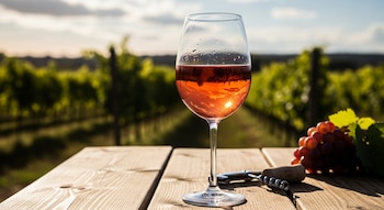 Una copa de vino rosado sobre una mesa de madera con un sacacorchos y uvas. Un viñedo verde se extiende bajo el cielo al atardecer.