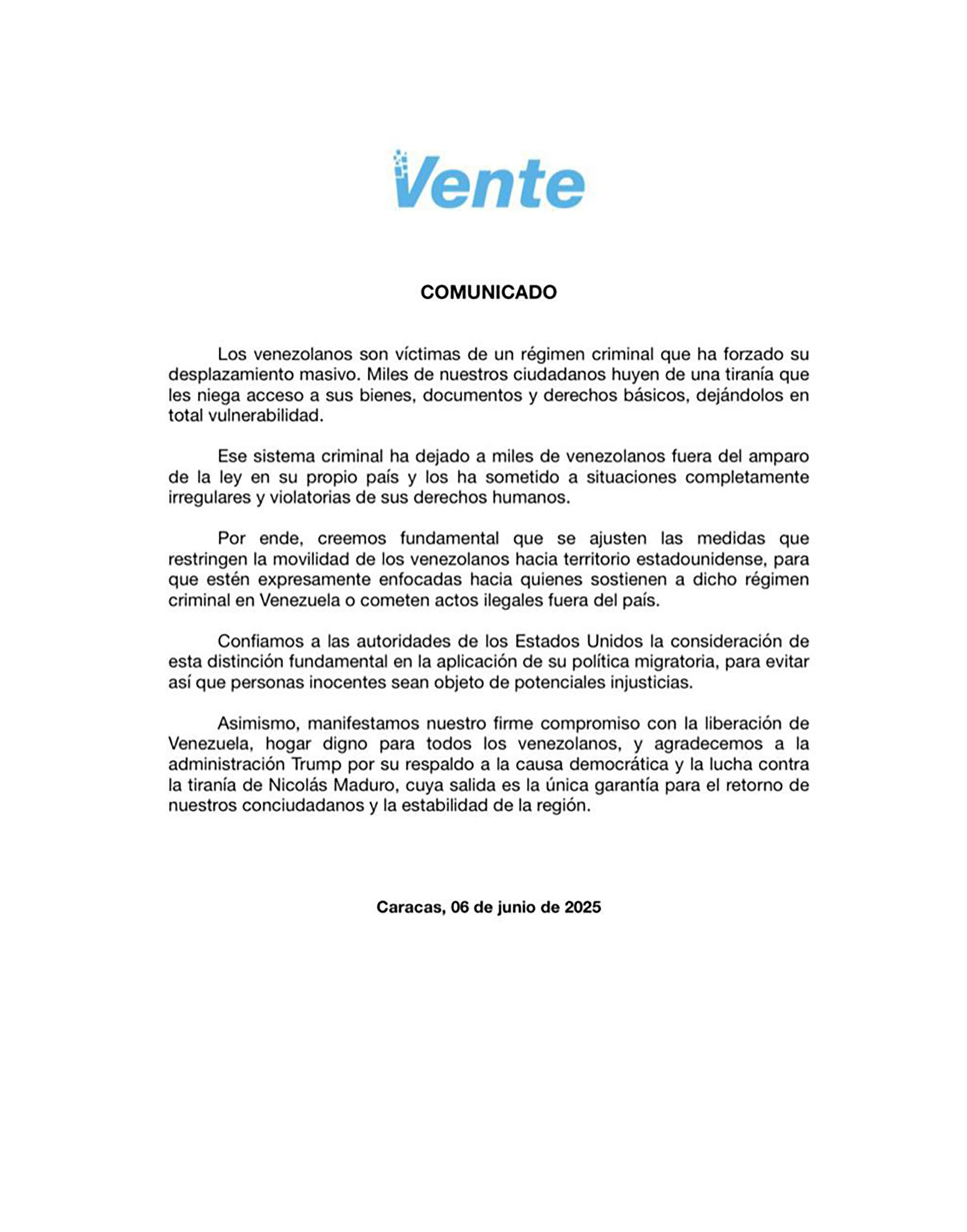 El comunicado de Vente Venezuela