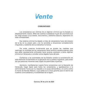 Vente Venezuela comunicado