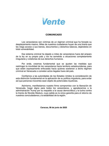 El comunicado de Vente Venezuela
