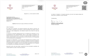Rodrigo Lara formalizó su dimisión con carácter libre, voluntario e irrevocable a través de un documento enviado desde Bogotá - crédito @Rodrigo_Lara_ / X