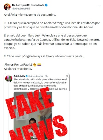 La campaña de Abelardo de la Espriella quedó atravesada por una disputa sobre una posible privatización del Fondo Nacional del Ahorro, después de que el candidato presidencial negara de forma tajante una versión difundida por el senador Ariel Ávila y lo acusara de mentir - crédito @AbelardoPTE/X