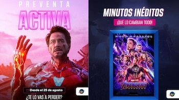 Afiche publicitario dividido en dos partes con Iron Man a la izquierda y el cartel oficial de Avengers: Endgame a la derecha