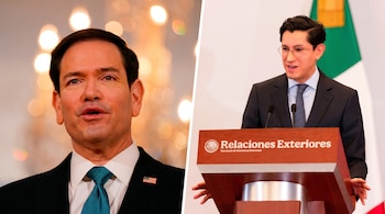 Montaje de dos fotos: a la izquierda, Marco Rubio en un primer plano; a la derecha, Marcelo Ebrard hablando en un podio con el logotipo de Relaciones Exteriores.