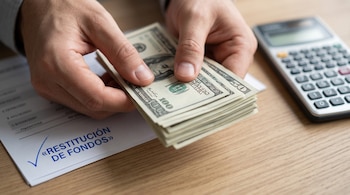 Manos contando billetes de dólares estadounidenses sobre un documento con la frase «restitución de fondos» y una calculadora.