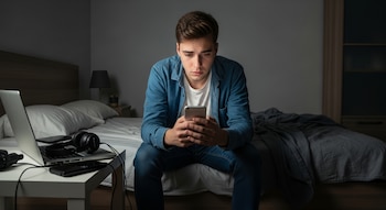 Hombre joven sentado en una cama, con un teléfono inteligente en sus manos. Hay una computadora portátil, auriculares y otros dispositivos en una mesa lateral.