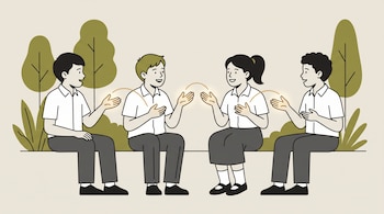 Ilustración de cuatro niños sentados con camisa blanca y pantalón o falda gris realizando gestos con las manos rodeados de árboles.