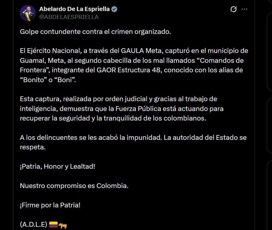 Abelardo de la Espriella destacó la captura de alias Bonito en el Meta, por parte del Ejército - crédito @ABDELAESPRIELLA/X