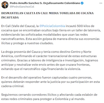 Mindefensa asegura que el golpe impacta las finanzas de redes criminales transnacionales. - crédito @PedroSanchezCol/X