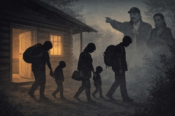 Ilustración de una familia de cuatro siluetas con equipaje saliendo de una cabaña de madera, y las figuras translúcidas de Daniel Ortega y Rosario Murillo detrás.