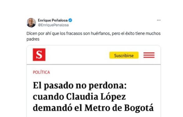 Enrique Peñalosa habló sobre las atribuciones que se toma Claudia López con el metro de Bogotá - crédito @EnriquePenalosa/X