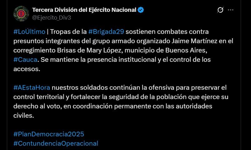 Combates en Brisas de Mary López buscan garantizar la seguridad durante las elecciones de Consejos de Juventud - crédito @Ejercito_Div3 / X