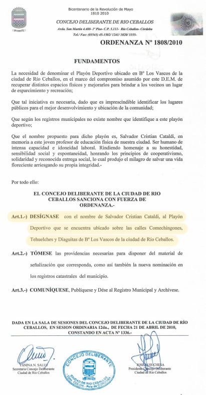 En Río Ceballos un playón deportivo lleva el nombre de Salvador Cristian Cataldi