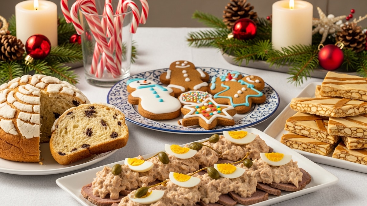 Mesa navideña con postres y platos tradicionales