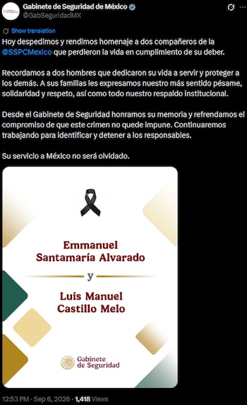 Gabinete de Seguridad rinde homenaje a dos agentes de la SSPC asesinados en Veracruz: "su servicio a México no será olvidado". Captura de pantalla.