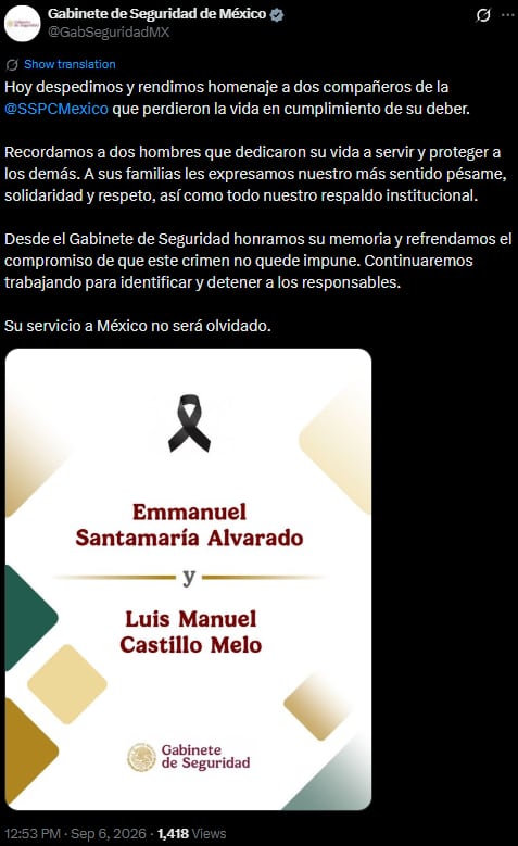 Gabinete de Seguridad rinde homenaje a dos agentes de la SSPC asesinados en Veracruz: