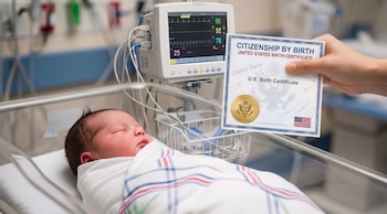 Un recién nacido duerme en una cuna de hospital con un monitor médico a su lado. Una mano sostiene un certificado de nacimiento de EE. UU. sobre el bebé