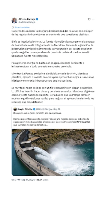 Cruce entre el gobernador Alfredo Cornejo y Sergio Ziliotto